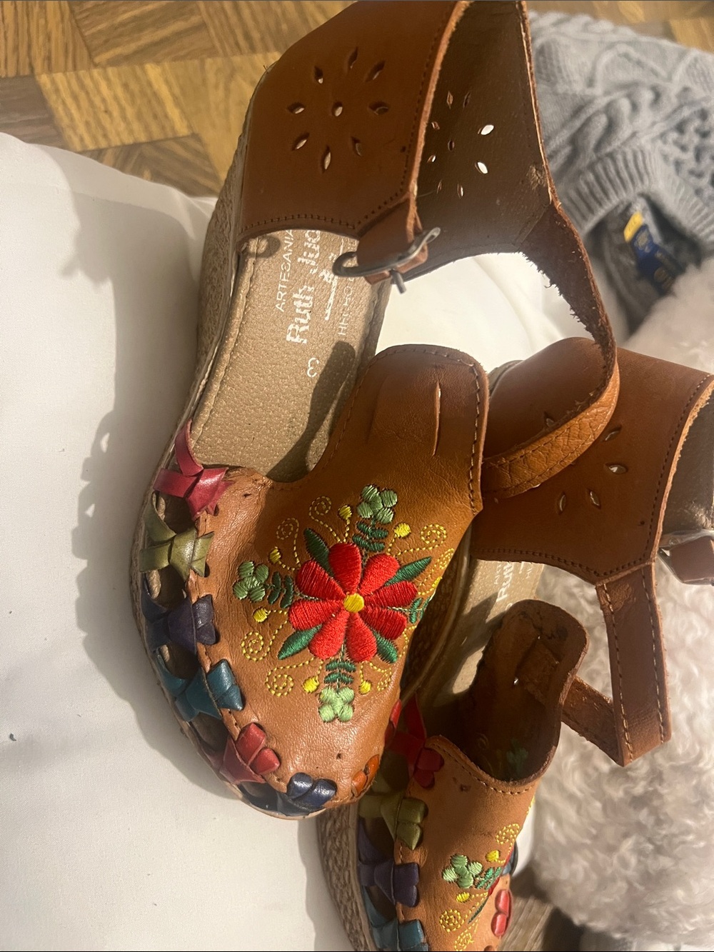 Embroidered Tan Leather Wedge Sandals with Ankle Strap - Picture 2 of 3